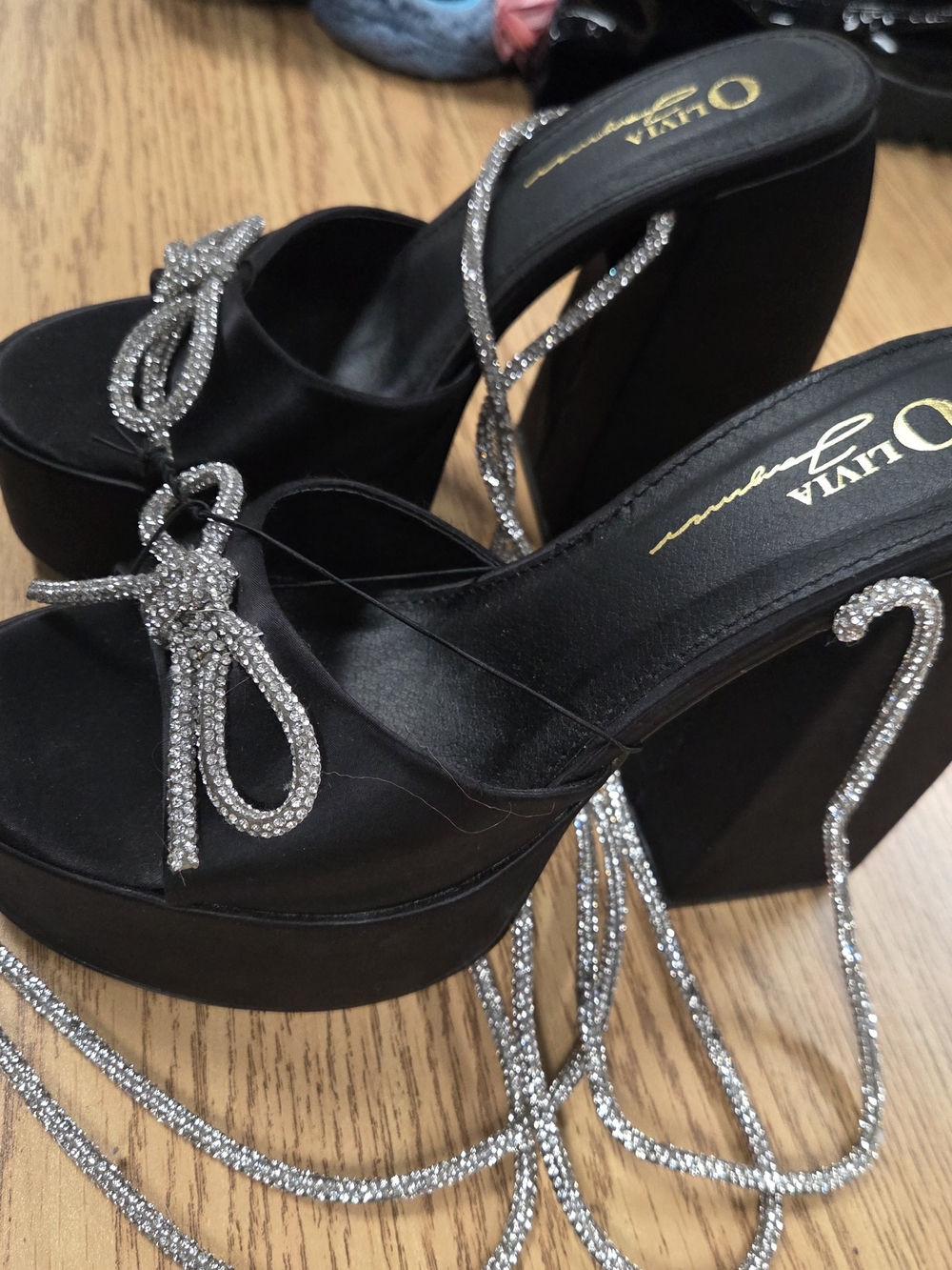 Alivia Simone Black Platform Slide Sandals with Silver Crystal Straps 7.5